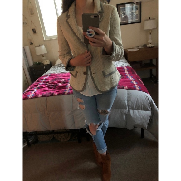 LOFT Soft Grey Pinstripe Blazer with Orange Piping - Picture 2 of 4